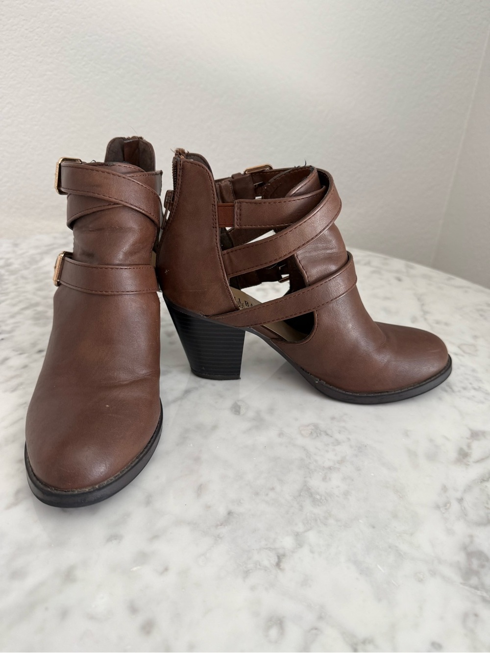 Brown Strappy Cutout Ankle Booties with Stacked Heel